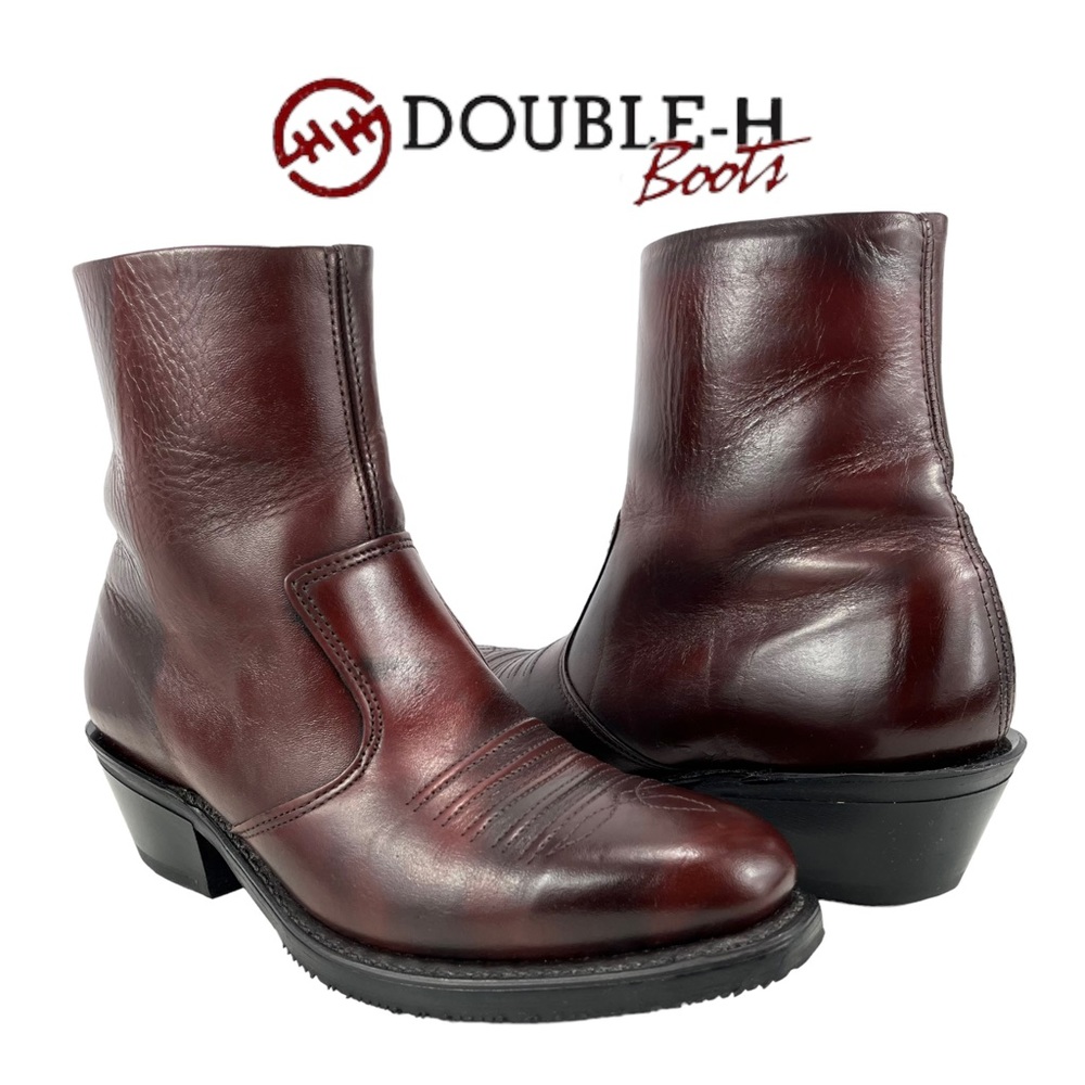 Double H Men 8.5D Black Cherry Leather Western Zipper Ankle Boots 1713